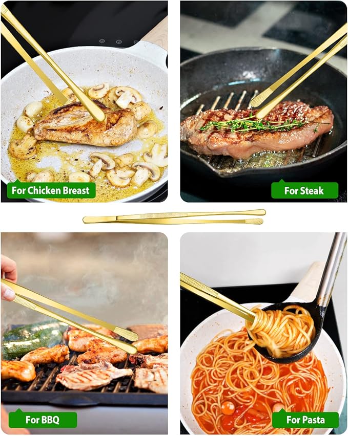 4 Pcs Fine Long Tweezer Tongs Professional Gold, 12'' and 10'' Stainless Steel for Kitchen, Food, Cooking, Repairing, Sea food and BBQ