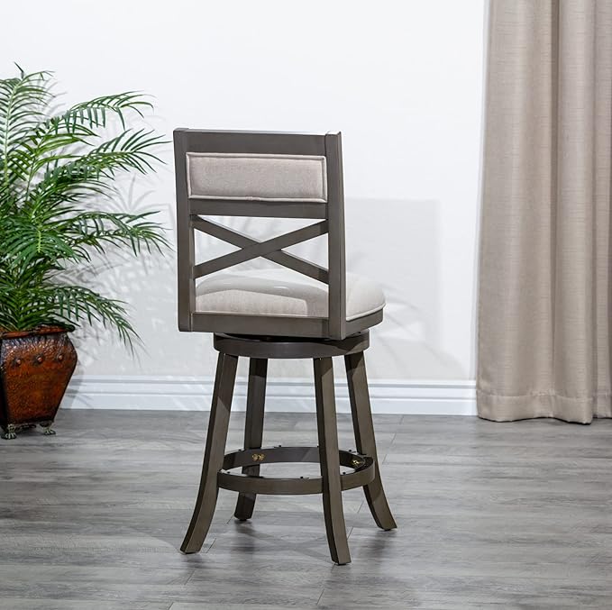 DTY Indoor Living Meeker 24 Inch Counter Height Bar Stools with Backs - Wooden Swivel Counter Stools for Kitchen Island - Beige Fabric Seat, Solid Wood Frame, Weathered Gray Finish