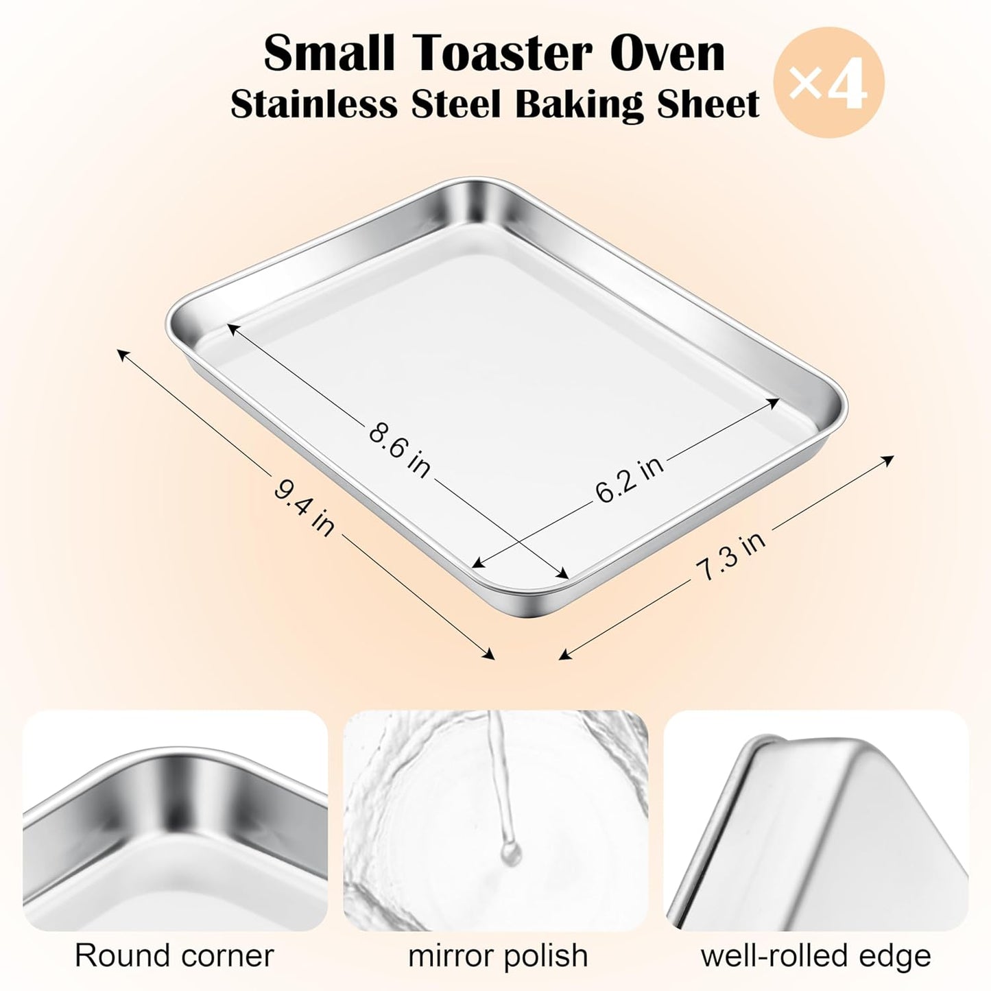 E-far 4 Pack Toaster Oven Trays, 9.4”x7.3” Stainless Steel Small Baking Cookie Sheets, Mini Non-toxic Metal Baking Pans for Cake, Healthy & Rust Free, Mirror Finish & Dishwasher Safe