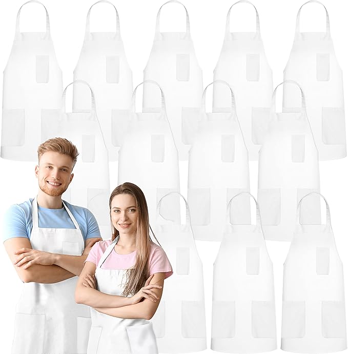GREEN LIFESTYLE 12 Pack Chef Apron with Pockets – Grilling Aprons for Men, Waterproof Cooking Apron for BBQ, Work or Restaurant Use, Kitchen Aprons for Women with Pockets – White