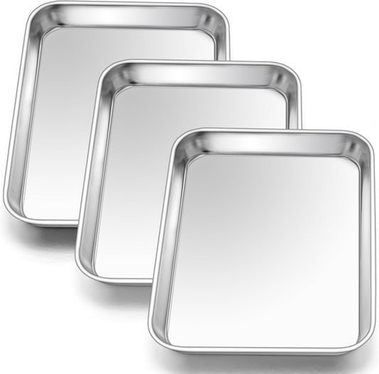 E-far 3 Pack Toaster Oven Trays, 9.4”x7.3” Stainless Steel Small Baking Cookie Sheets, Mini Non-toxic Metal Baking Pans for Cake, Healthy & Rust Free, Mirror Finish & Dishwasher Safe