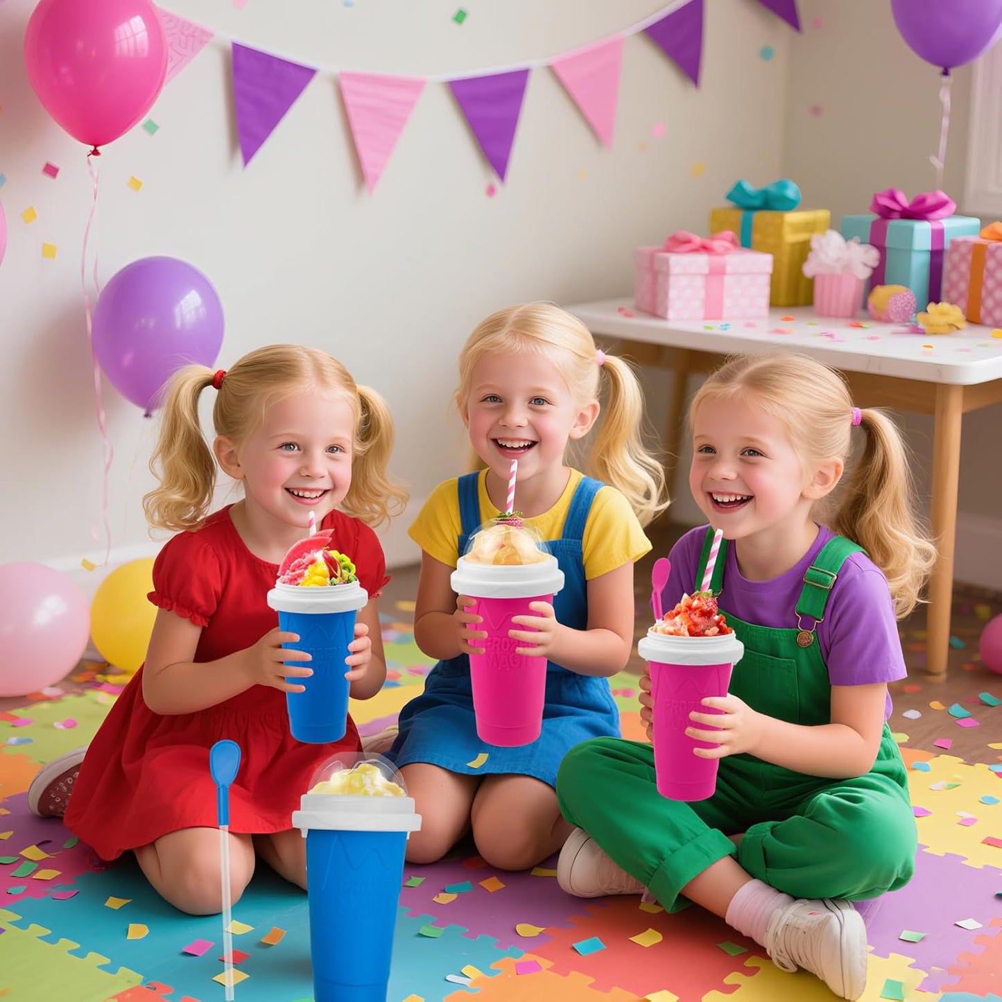 2PCS Slushie Maker Cup, Quick Frozen Magic Cups for Homemade Milk Shake Ice Cream Maker, Double Layer Squeeze Slushy Maker Cup, Birthday Gifts for Kids,Friends,Family (Blue+Pink)