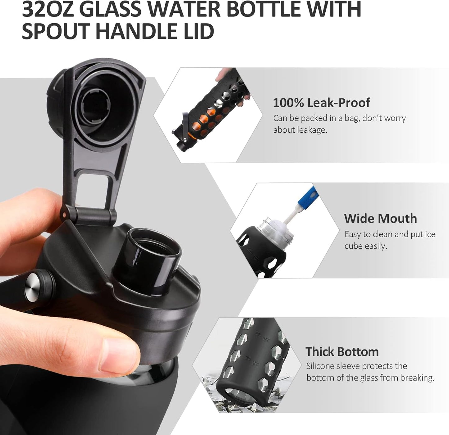 MUKOKO 32oz Glass Water Bottles with 2 Lids-Handle Spout Lid&Bamboo Straw Lid, Motivational Water Tumbler with Time Marker Reminder and Silicone Sleeve, Leakproof-Black-1 Pack