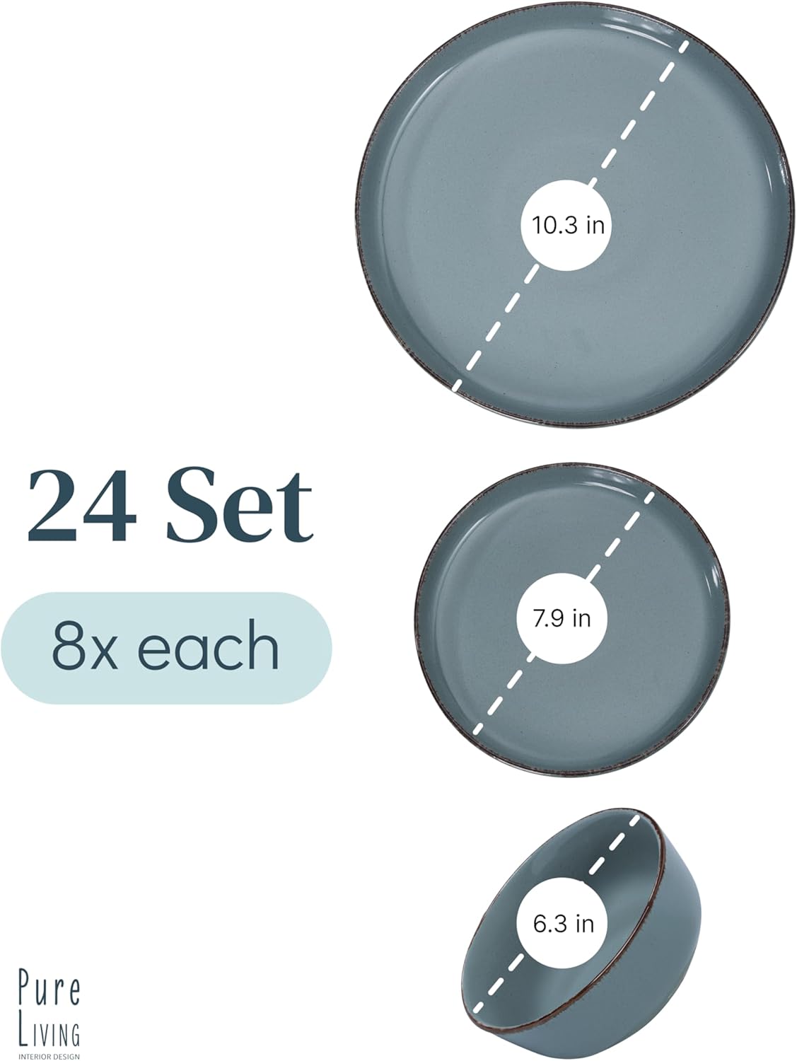 Stoneware dinnerware set 8 persons Rustic 24 pcs - Rustic design dinnerware set, dishwasher safe - Bowl and plate set - Pure Living dinnerware in smoky blue…