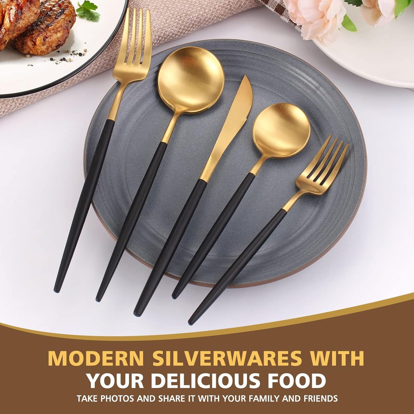 Matte Black Gold Silverware Set, Oliviola 20-Piece Stainless Steel Flatware Cutlery Set Service for 4, Satin Finish Kitchen Utensil Set, Dishwasher Safe