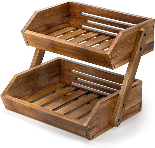 G.a HOMEFAVOR Fruit Basket: 2-Tier Acacia Wood Fruit Bowl for Kitchen, Fruit Stand Storage Holder for Vegetables and Snack Home Kitchen Countertop Organizer (Self-assembly)