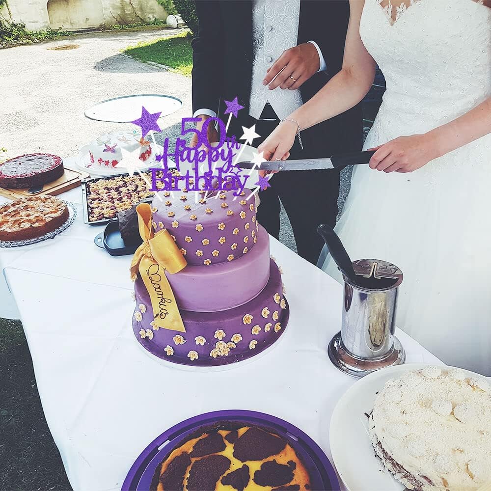 Glittery 50th Happy Birthday Cake Topper with Star,Personalised 50 Birthday Cake Toppers Party Decorations Party Supplies for Men Women Purple Silver