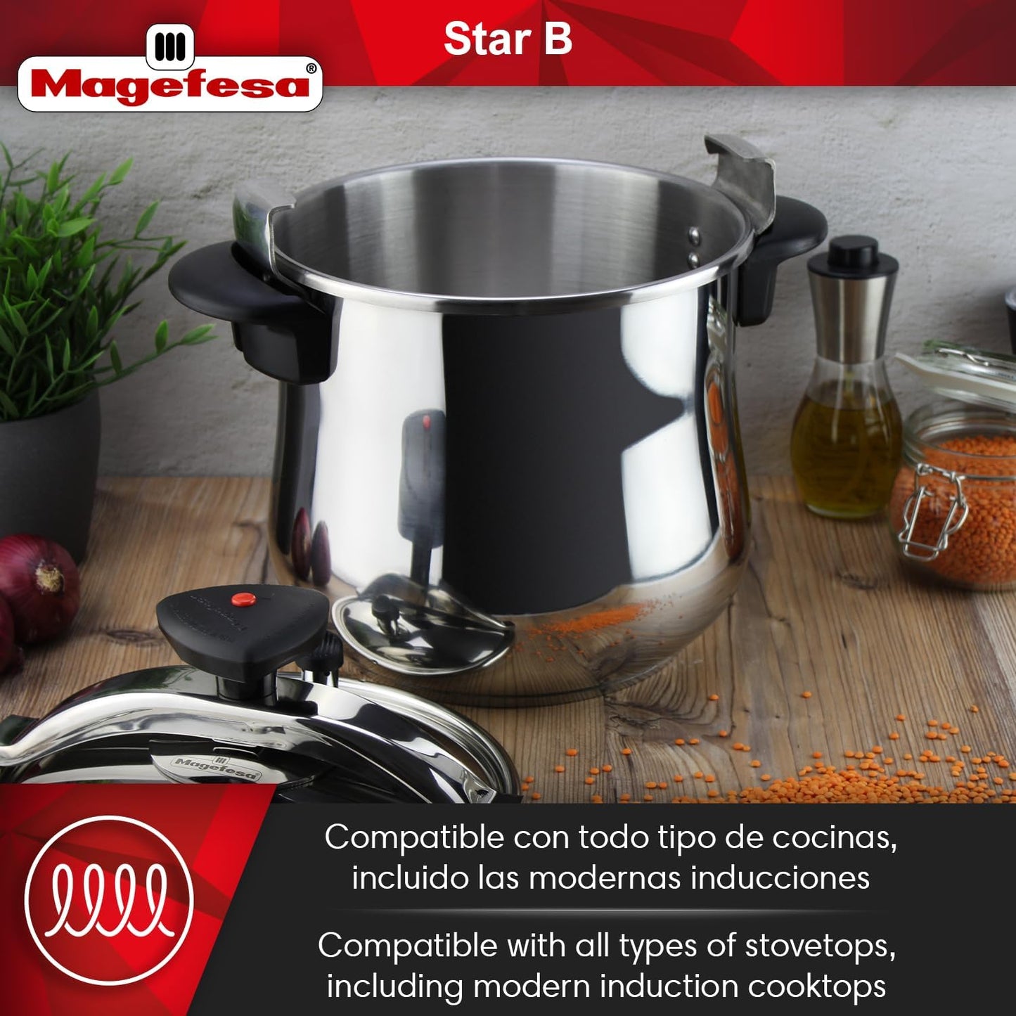 MAGEFESA Star Belly Pressure Cooker 10.6 Qt – 18/10 Stainless Steel, Rounded Bottom, 3 Safety Systems, Works on All Stovetops Including Induction, 8 PSI