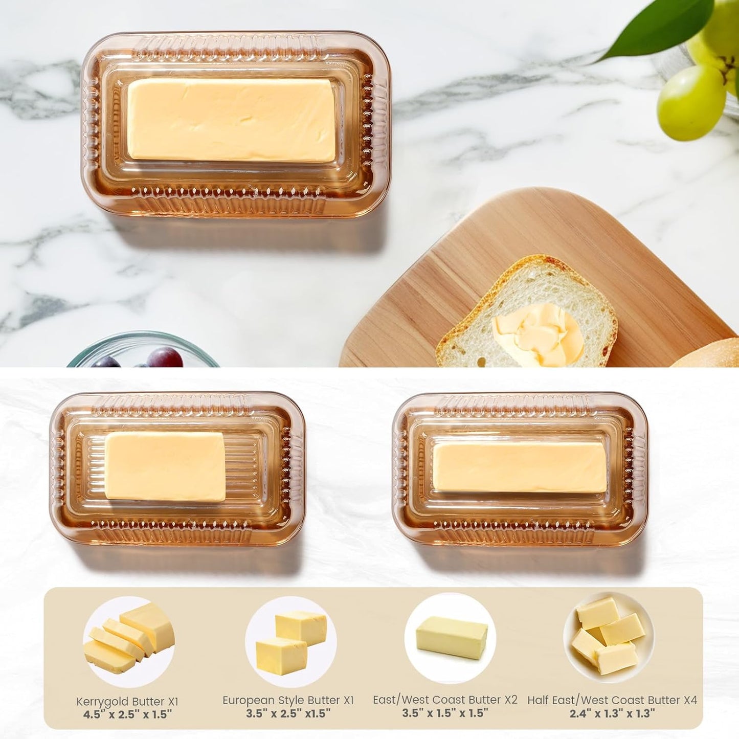 Wide Glass Butter Dish with Lid with Large capacity for Countertop Clear Crystal Butter Container with Cover for Counter Butter Keeper Tray Holder for Refrigerator