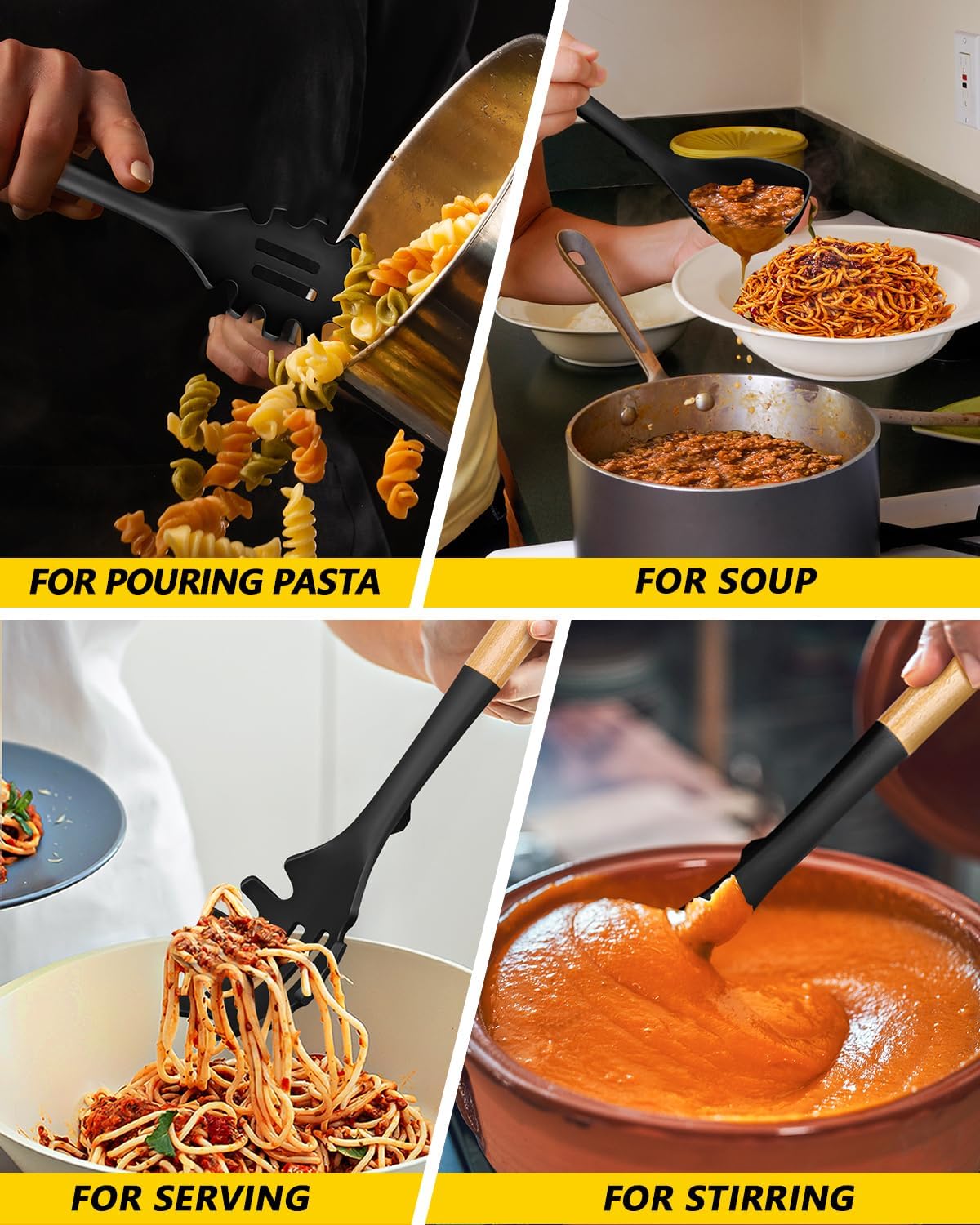 Silicone Soup Ladle and Spaghetti Spoon Set with Wooden Handle, Non Stick Heat Resistant Kitchen Utensils for Cooking, Stirring, Serving Pasta, Soup & Sauce(BLACK)