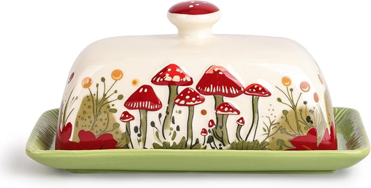 Fungi Fun Mushroom Butter Dish With Lid For Countertop Ceramic Butterdish, Red Mushroom Butter Container, Butter Tray Large Butter Dish Covered (White, Standard)