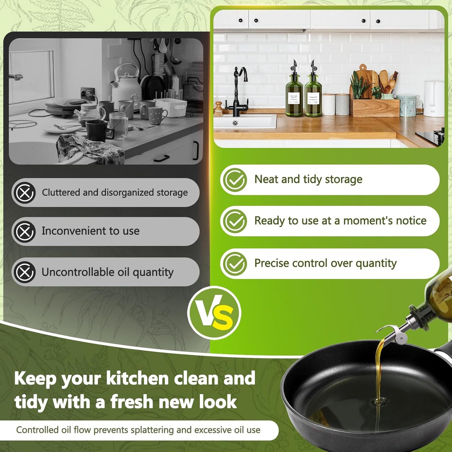 COOLMI Oil Dispenser for Kitchen - 12oz/350ml, Set of 2 Extra Thick Food Grade Glass Olive Oil Dispenser Bottle with Cleaning Brush, Stickers and Funnel (Black)