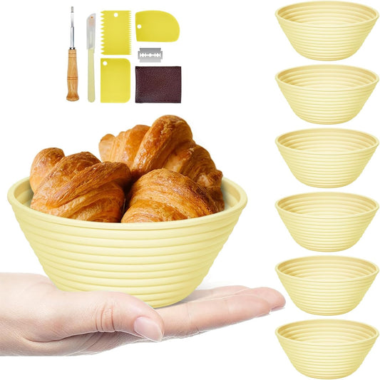 Silicone Banneton, Sourdough Bread Baskets (Set of 6, 5 Inch), Round Proofing Bread Bowls with Starter Kit, Bread Making Baking Supplies