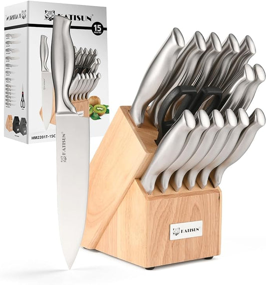 Kitchen Knife Set, 15 Pieces Knife Set with Block, Knives Set for Kitchen, Silver Hollow Ergonomic Handle for Chef Knife Set, Kitchen Shears, Knife Block Set