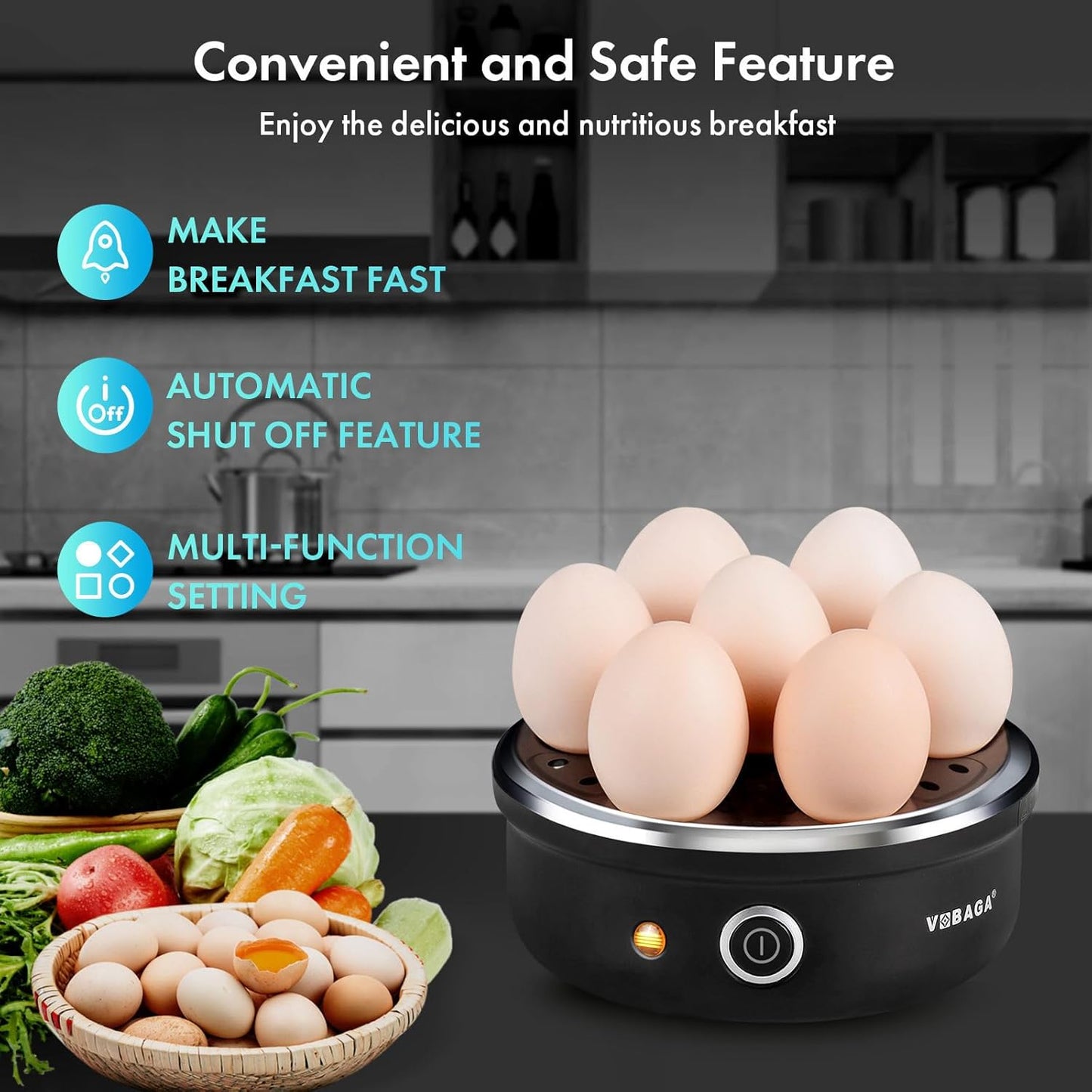 VOBAGA Electric Egg Cooker, Rapid Egg Boiler with Auto Shut Off for Soft, Medium, Hard Boiled, Poached, Steamed Eggs, Vegetables and Dumplings, Stainless Steel Tray with 7-Egg Capacity (Black)