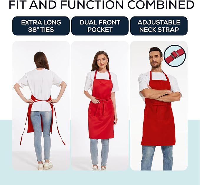 Will Well Kitchen Apron for Men and Women - 33" x 27" Oil-and-Water-Resistant with Adjustable Neck Strap and 38" Waist Ties for a Snug Fit, Lightweight with 2 Front Pockets - 2-Pack, Red