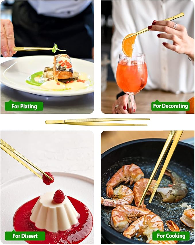 4 Pcs Fine Long Tweezer Tongs Professional Gold, 12'' and 10'' Stainless Steel for Kitchen, Food, Cooking, Repairing, Sea food and BBQ