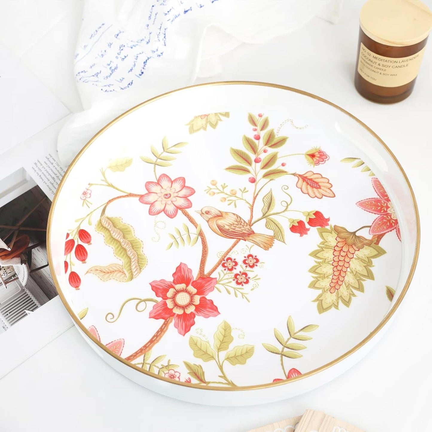 Spsyrine Decorative Serving Tray with Handles, Lacquered Coffee Table Tray for Ottoman, Round Waterproof Platters for Centerpieces, Parties, Living Room, Kitchen Counter Organization Yellow