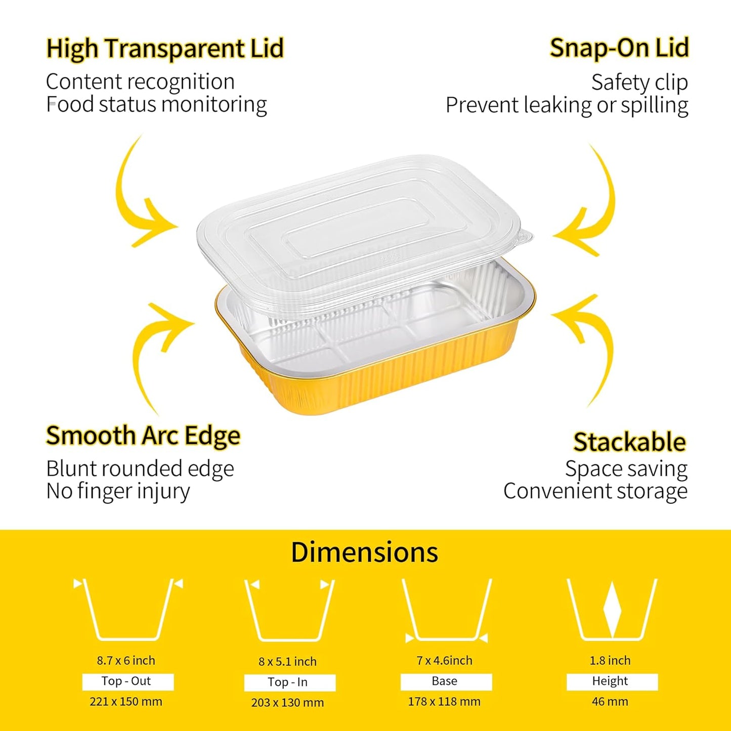 Aluminum Pans with Lids Heavy Duty (40 Pack + 40 Lids, 8.7"×6") 2.25 LB Capacity Foil Food Containers with Lids, Disposable Tin Foil Pans with Lids for Baking, Meal Prep, Freezer, Heating and Takeout