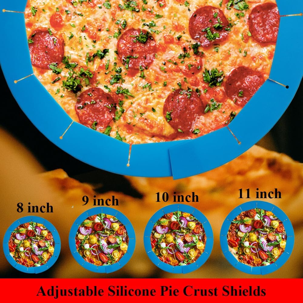 Adjustable Pie Crust Shields, Silicone Baking Protectors, Cover Ring Tools Fits 8-11.4 Inch Pies, Baking Pie Pizza Crust Shield Protector Cover for Edges ﻿ (Blue)
