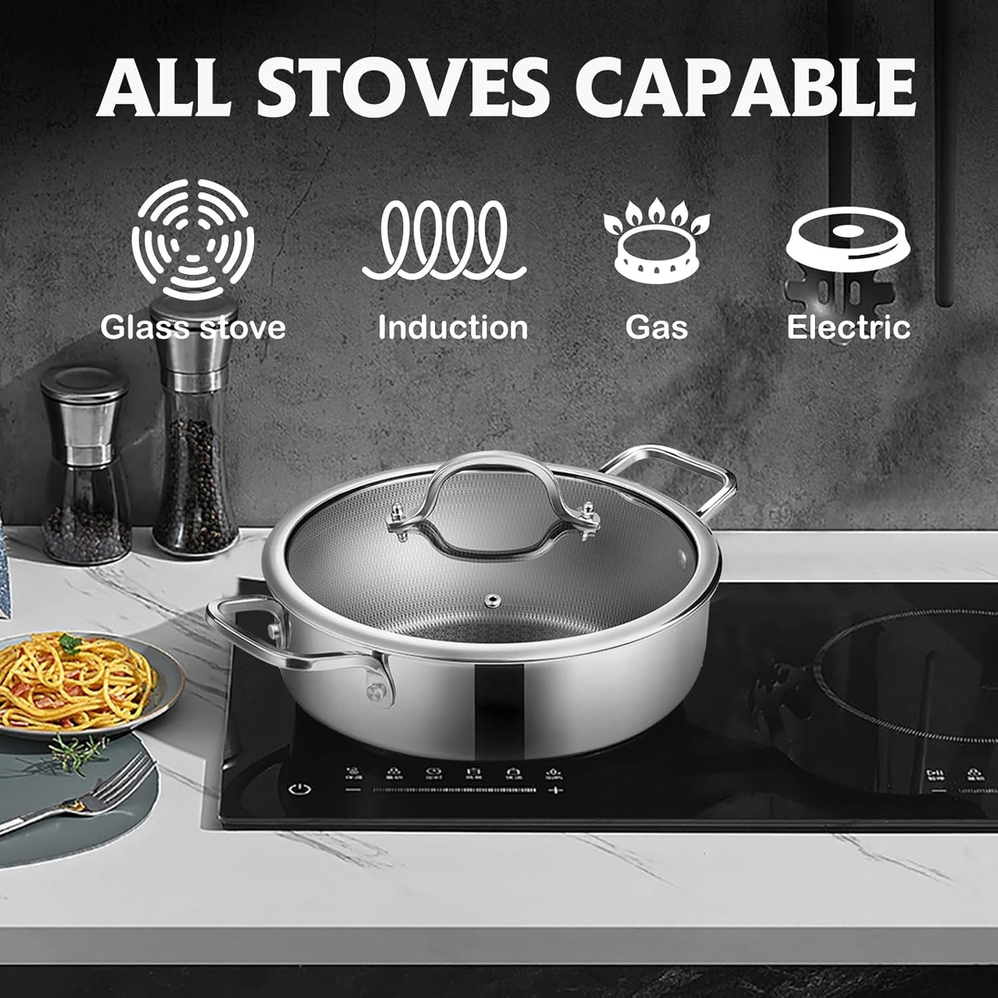 Saute Pan Set,Hybrid Non Stick 5 Quart Everyday pan,10 inch skillet,8 inch skillet,Chicken Fryer, PFOA Free Cookware,Deep Frying Pans with Lid,Dishwasher and Oven Safe,Works on All Cooktops