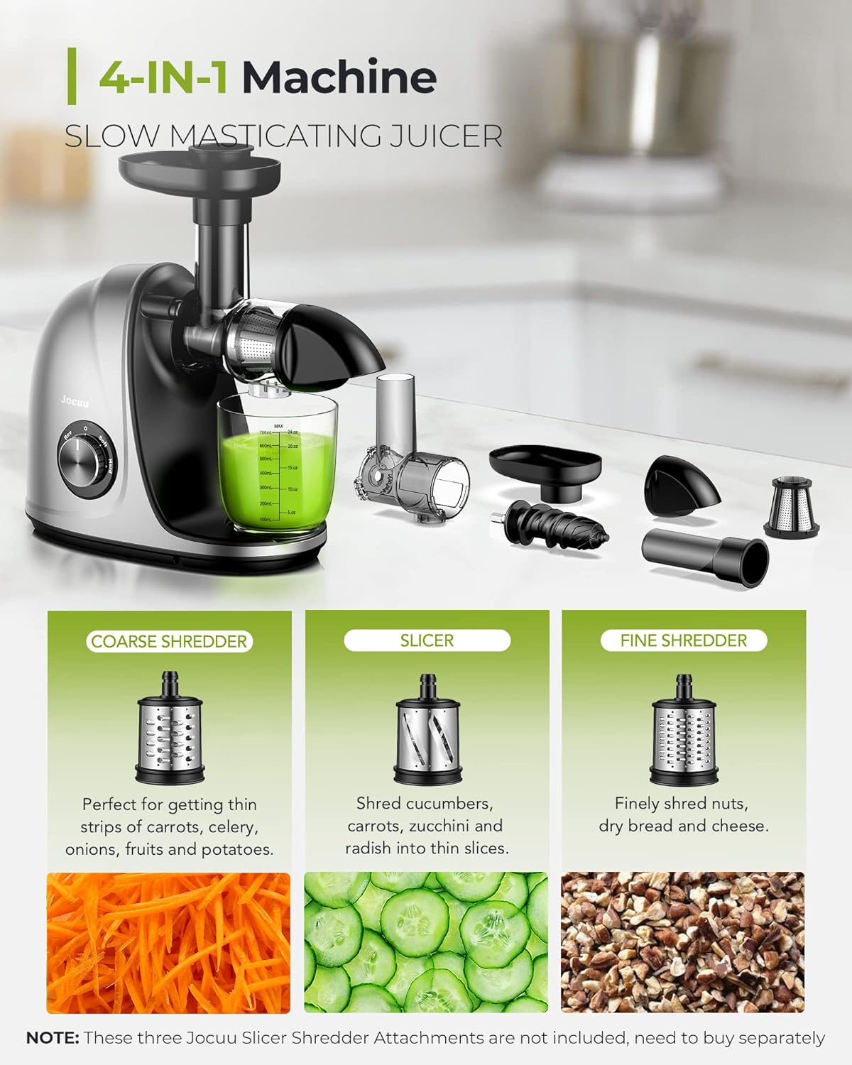 Jocuu Slow Masticating Juicer Machines with Soft Hard Modes Easy to Clean Quiet Motor & Reverse Function, Cold Press Juicer for Fruit & Vegetable, 90% Juice Yield, with Brush & Recipes (Grey)