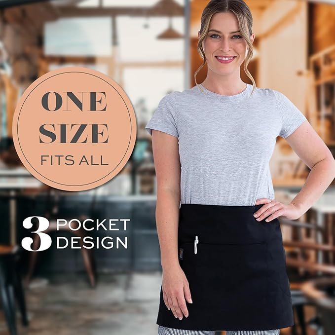 12 Pack - Black Server Waist Aprons with 3 Pockets, Waitress Half Apron