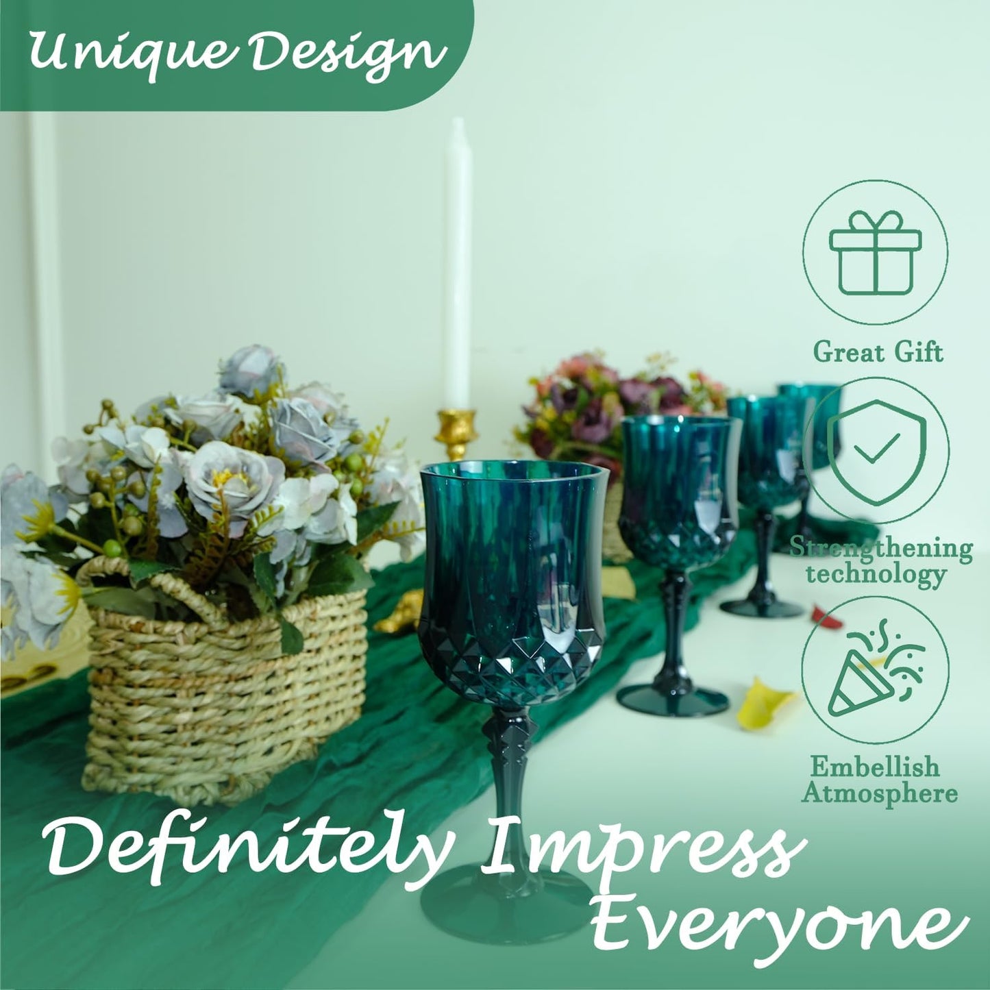 Plastic Wine Glasses，Plastic Goblets Vintage Style Cordial Drinking Glasses for Wedding Reception, Grand Event Party Supplies (12, Green)