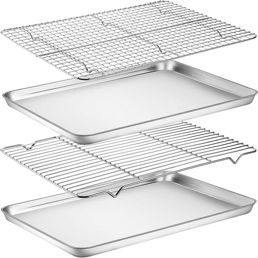 Baking Sheet with Rack Set, Yododo Set of 4 (2 Sheets + 2 Racks), Stainless Steel Cookie Sheet Baking Pan Tray with Cooling Rack, Non Toxic & Heavy Duty & Easy Clean - Size of 17½ inch