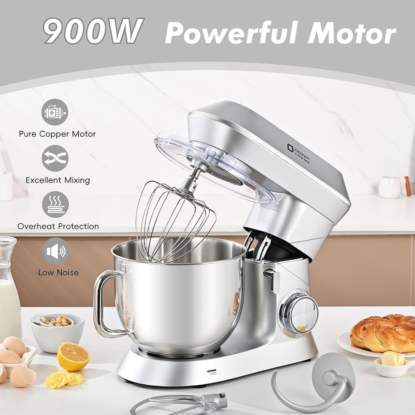 Kitchen in the box Stand Mixer, 900W 7.5QT Kitchen Electric Mixer, 6-Speed Tilt-Head Food Mixer for Baking with Dough Hook,Wire Whip,Beater (Silver)