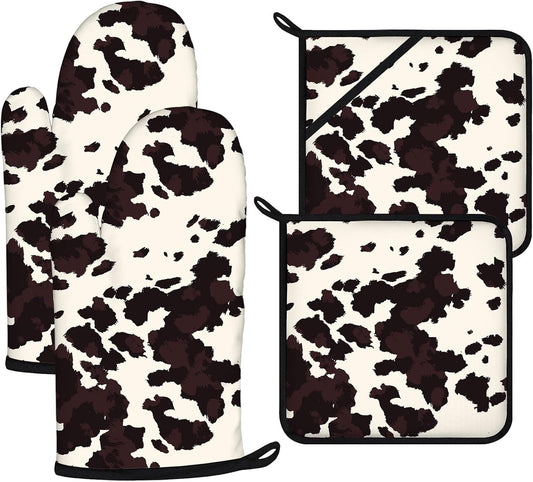 Black Cow Print Oven Mitts and Pot Holders Sets 4Pcs,Extra Long Oven Gloves Potholder for Kitchen Cooking Baking BBQ 100% Cotton Heat Resistant