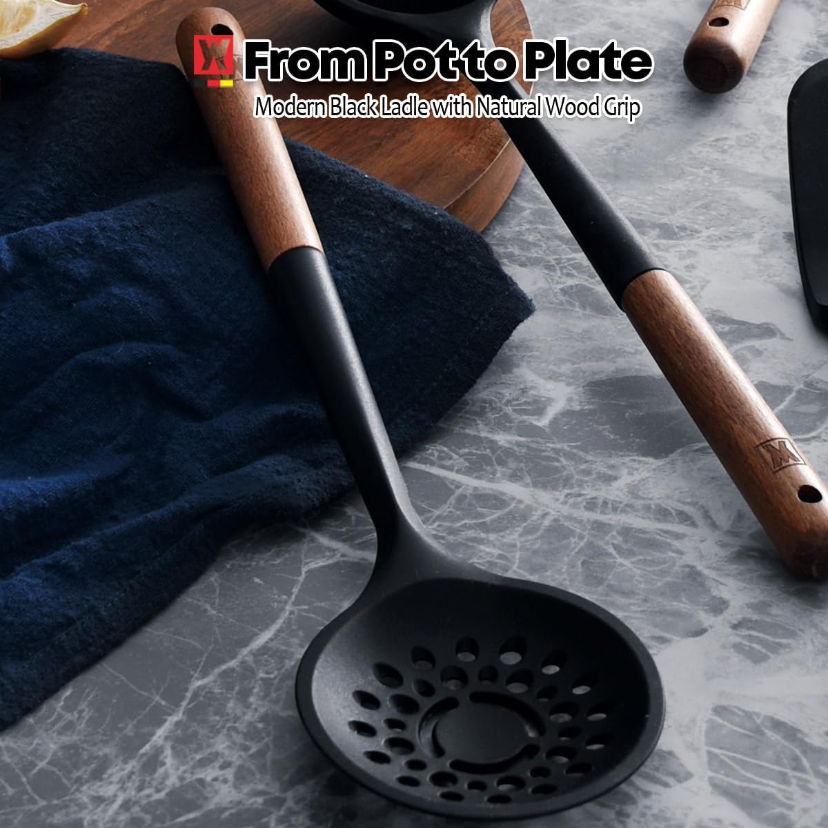 Silicon Cooking Skimmer Ladle with Wooden Handle: Slotted Cooking Spoon for Deep Frying Food, Food Separator, Heat Resistant, BPA Free, Gentle Head Design for Non-Stick Cookware