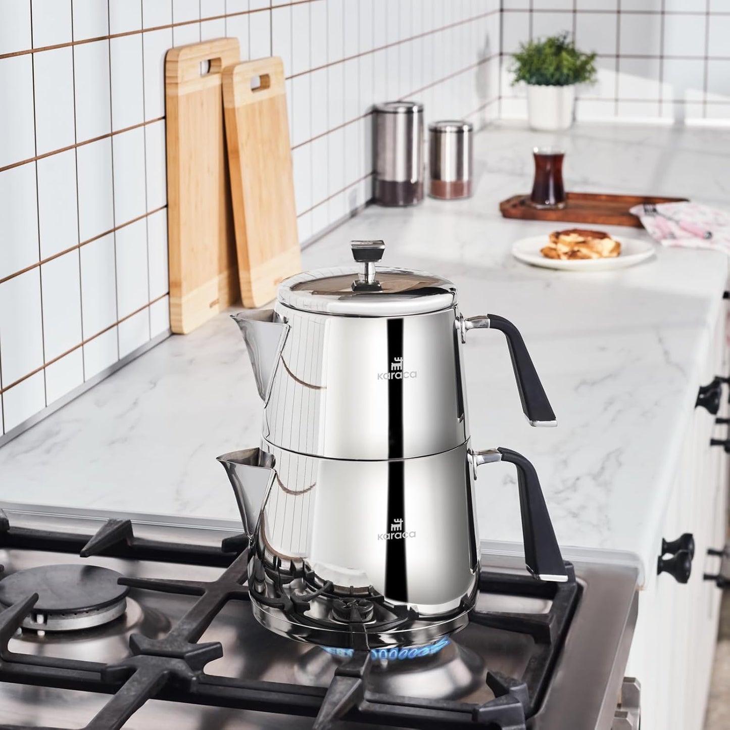 Karaca Fiona Stainless Steel Turkish Teapot Set XL, 1L Tea Pot & 2L Water Tank (Kettle), Stove Top/Induction Compatible, Elegant Silver Design, Easy to Clean, Non-Flammable Handles