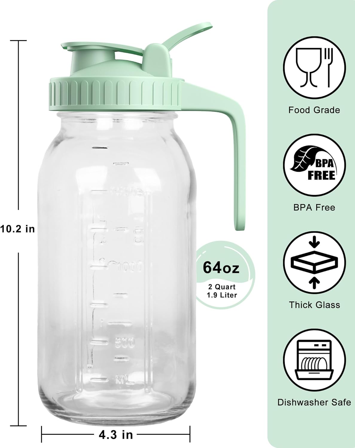 64oz Glass Breast Milk Pitcher with Lid & Pour Spout, 2 Quart Airtight Leakproof BreastMilk Fridge Storage Container - Wide Mouth, Dishwasher Safe Formula Pitcher with Handle