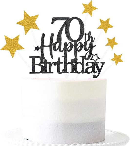 Glittery 70th Happy Birthday Cake Topper with Star,Personalised 70 Birthday Cake Toppers Party Decorations Party Supplies for Men Women Black Gold