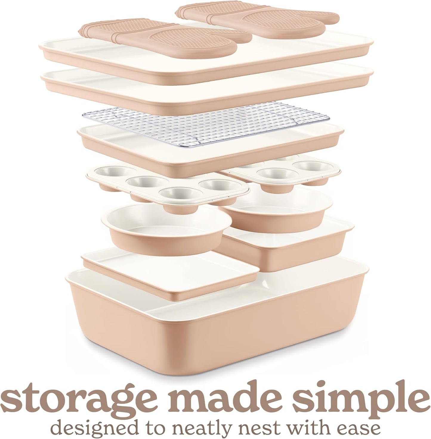 Country Kitchen Nonstick Stackable Bakeware Set - Deluxe Heavy Duty, Durable, Easy Release Baking Set, Taupe, 13 Pcs with Handles