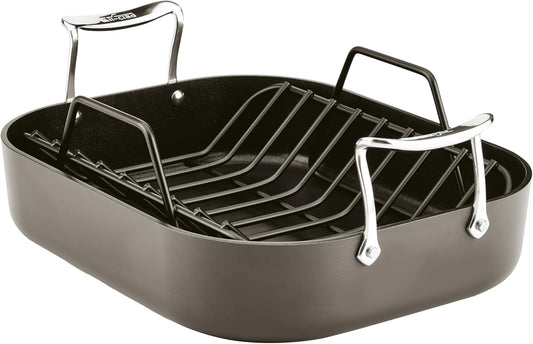 All-Clad Essentials Hard Anodized Nonstick Roaster with Rack 11x14 Inch Oven Broiler Safe 500F Roaster Pan, Pots and Pans, Cookware Black