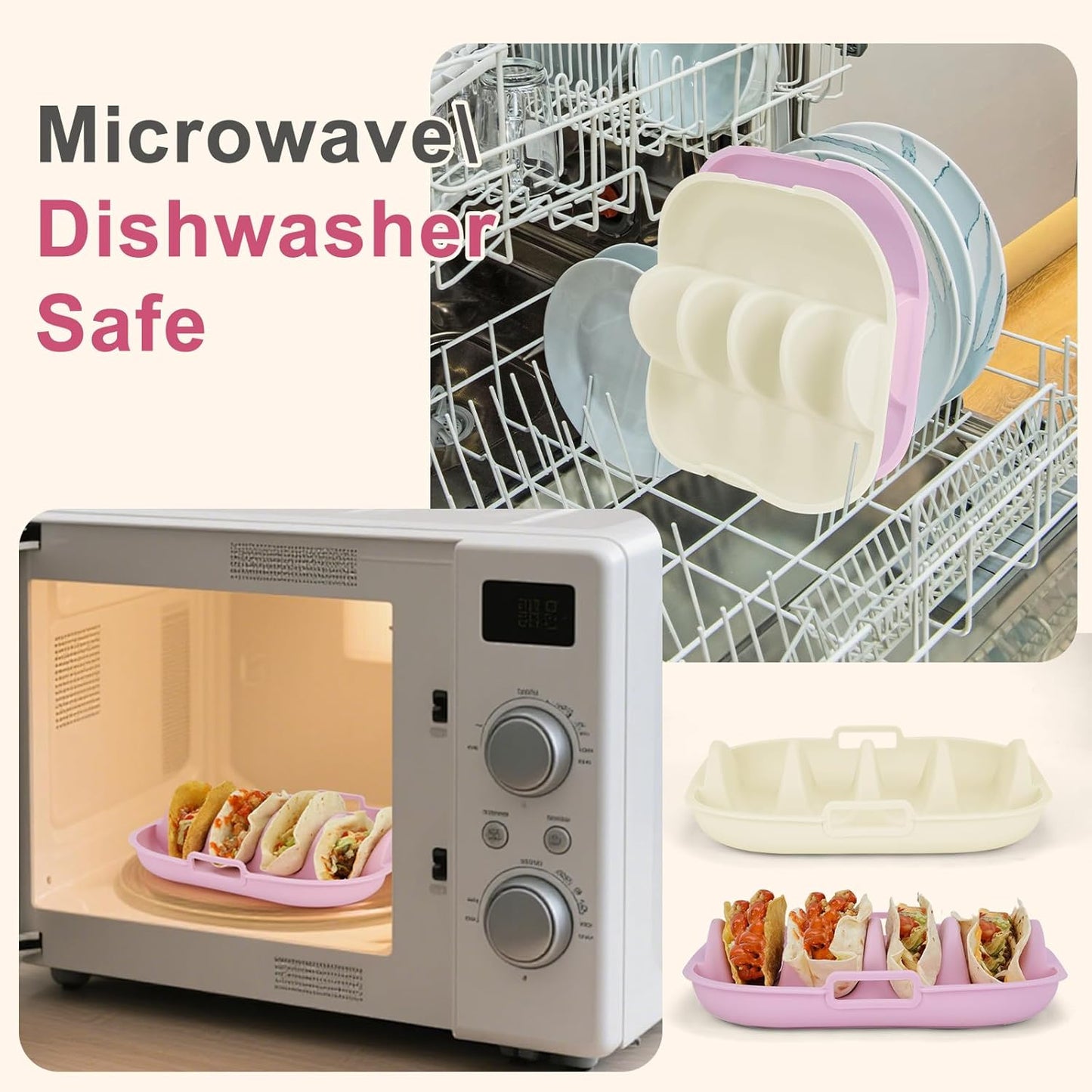 Silicone Taco Holder 2 Pack,10.2in Upgrade Reusable Taco Plates with Dividers,Fiesta Tacos Holder Tray.Taco Serving Plates, Dishwasher & Microwave Safe(2, WHITE+PINK)