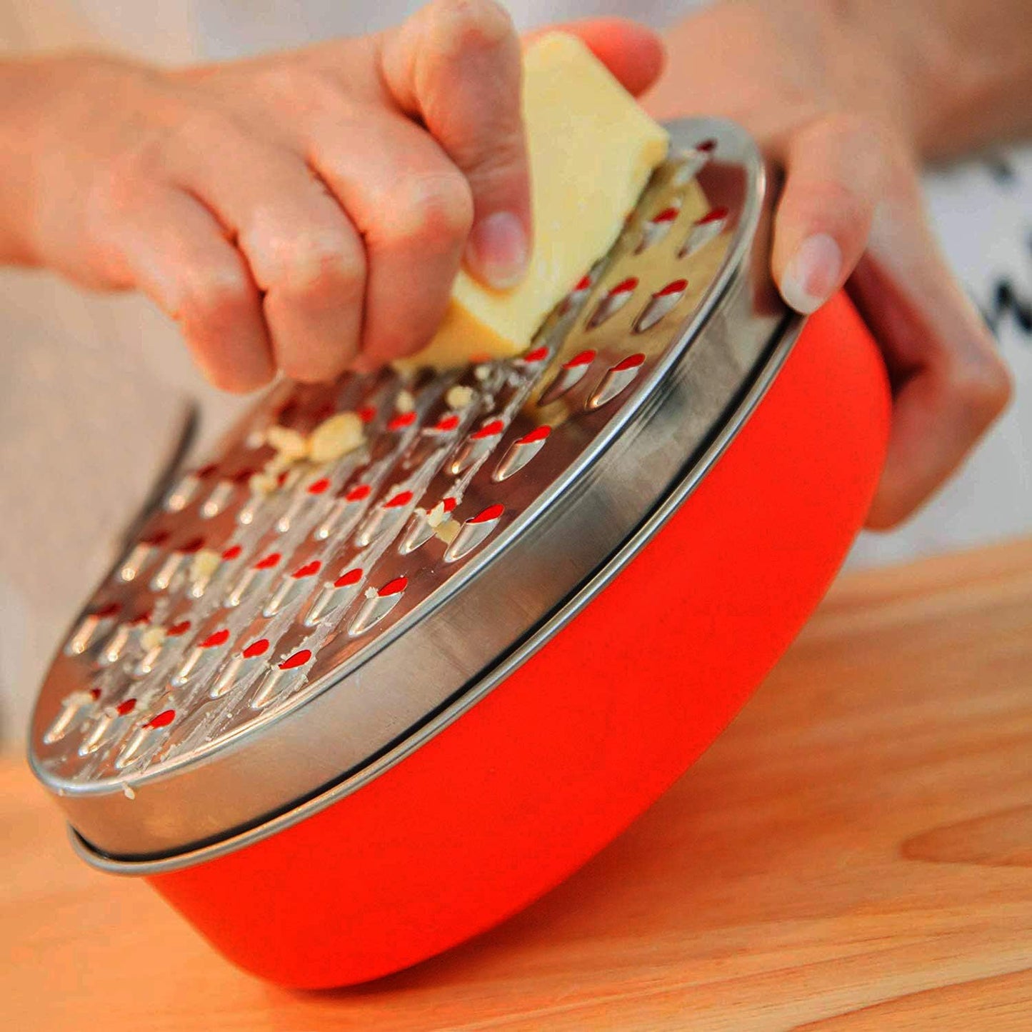 Cheese Grater Citrus Lemon Zester with Food Storage Container & Lid - Perfect For Hard Parmesan Or Soft Cheddar Cheeses, Ginger, Vegetables, Butter, Chocolate & Nutmeg (Red)