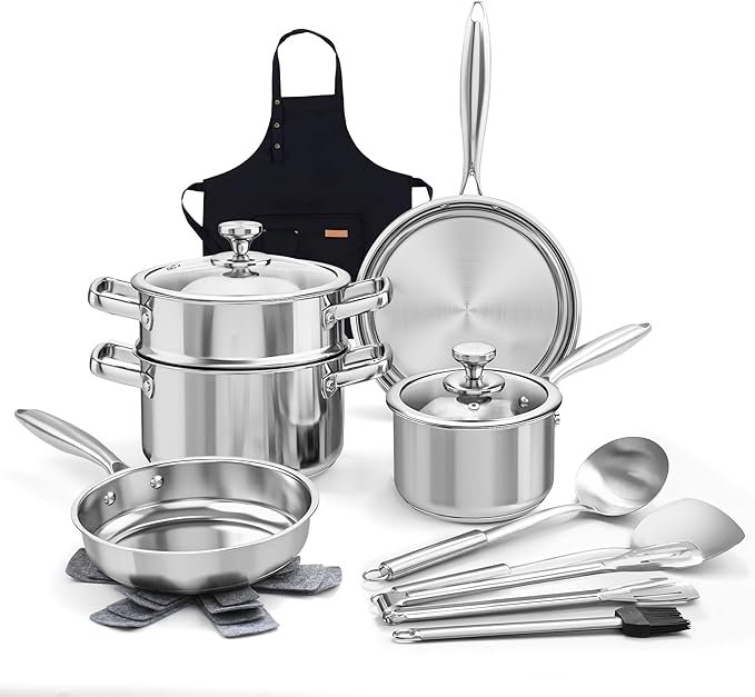 Pots and Pans Set Stainless Steel Kitchen Cookware Sets Classic Cooking Set, Induction Pots and Pans with Lids