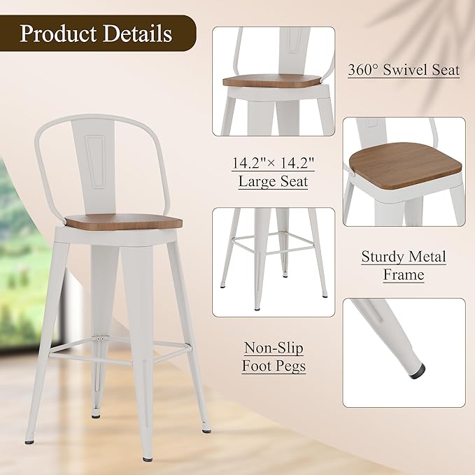 Aklaus Swivel Metal Bar Stools 24 inch Swivel Counter Height Barstools Set of 2 Modern Farmhouse Bar Chairs with High Backs and Large Wooden Seat for Kitchen Island Dining Room Cream White