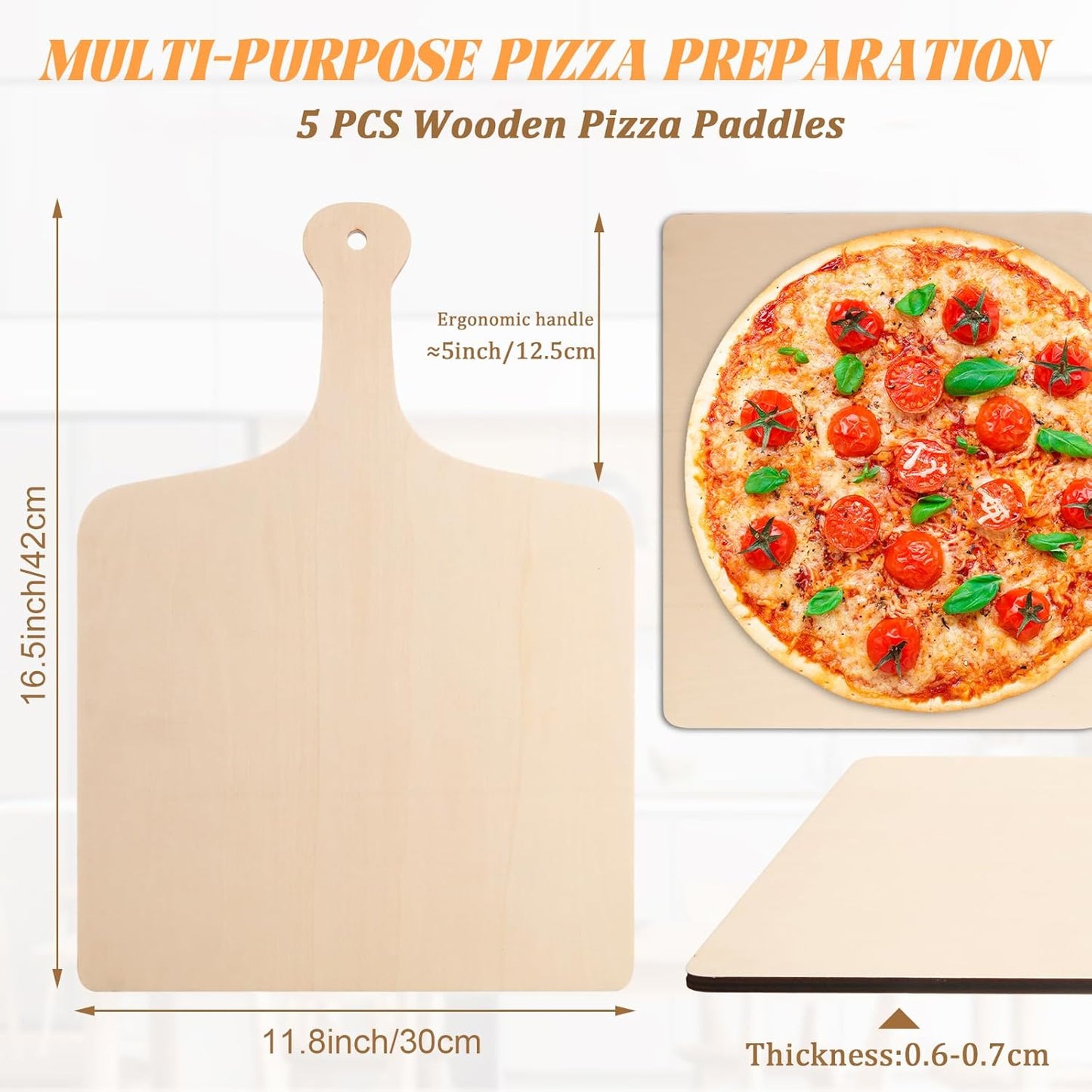 Acrux7 5 PCS Wood Pizza Peel 12 Inch Wooden Pizza Paddle with Handle, Wood Spatula Paddle for Restaurant Baking Kitchen Bread Fruit Vegetables Cheese Cutting Board Serving Board