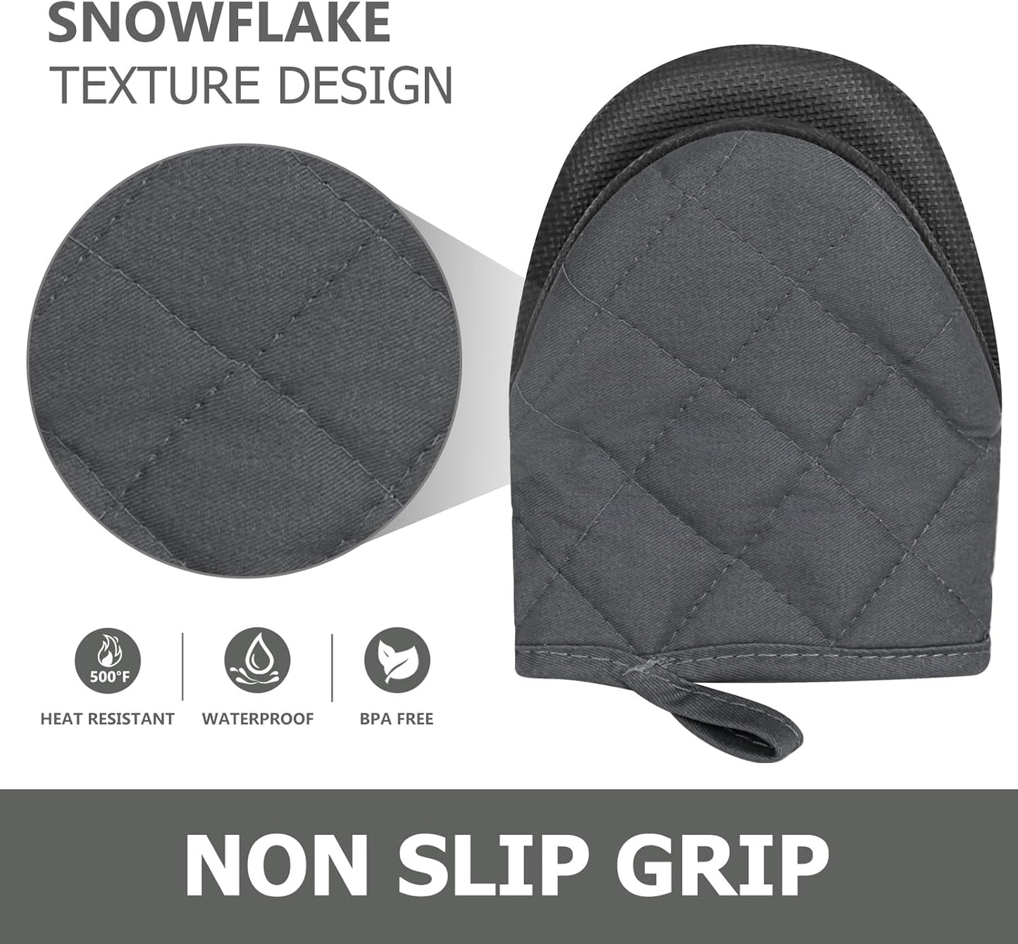 1 Pair Short Oven Mitts - Silicone Kitchen Oven Gloves High Heat Resistant 500℉, Mini Oven Mits with Non-Slip Grip Surfaces and Hanging Loop for BBQ, Baking, Cooking and Grilling (Solid Gray)