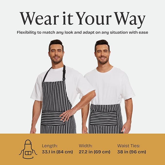 Will Well Kitchen Apron for Men and Women - 33" x 27" Oil-and-Water-Resistant with Adjustable Neck Strap and 38" Waist Ties for a Snug Fit, Lightweight with 2 Front Pockets - 2-Pack, Black