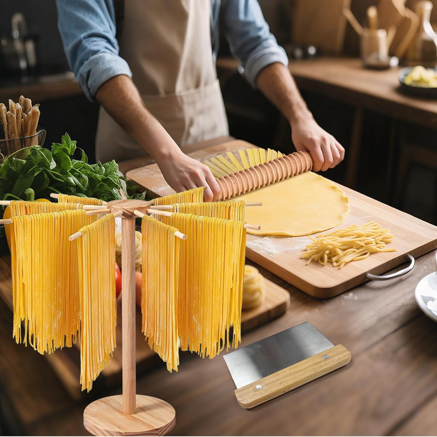 11 Pcs Pasta Making Tools with 4 Ravioli Stamps(Christmas Tree,Bell,Square,Round),Pasta Drying Rack, Threaded Rolling Pin, 2 Rolling Pins, Gnocchi Board,Dough Cutter, Wheel Cutter,Homemade Pasta Kit