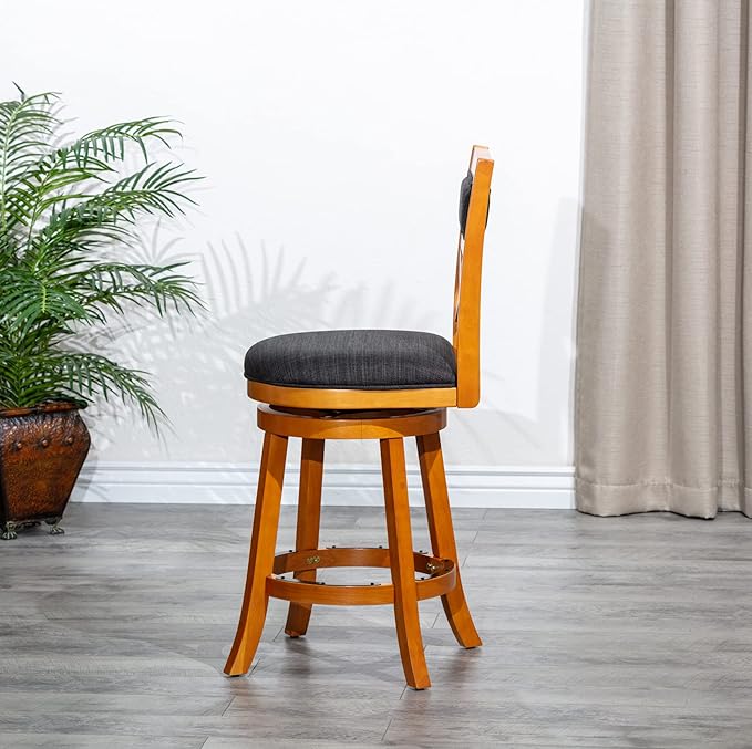 DTY Indoor Living Meeker 24 Inch Counter Height Bar Stools with Backs - Wooden Swivel Counter Stools for Kitchen Island - Charcoal Fabric Seat, Solid Wood Frame, Natural Finish