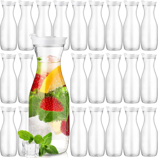 Gejoy 24 Pcs Plastic Water Carafe with Lids 32 oz Clear Juice Pitchers for Mimosa Bar Drinks Milk Iced Tea Beverage Containers for Home Restaurant School Fridge, Not Dishwasher Safe (White Cap)