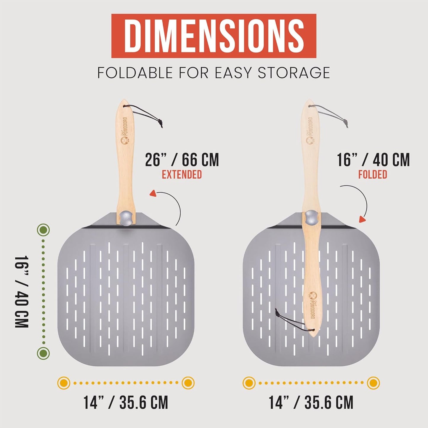 Chef Pomodoro Aluminum Metal Pizza Peel with Foldable Wood Handle for Easy Storage, Pizza Spatula, Gourmet Luxury Pizza Paddle for Baking Homemade Pizza Bread (16 inch)