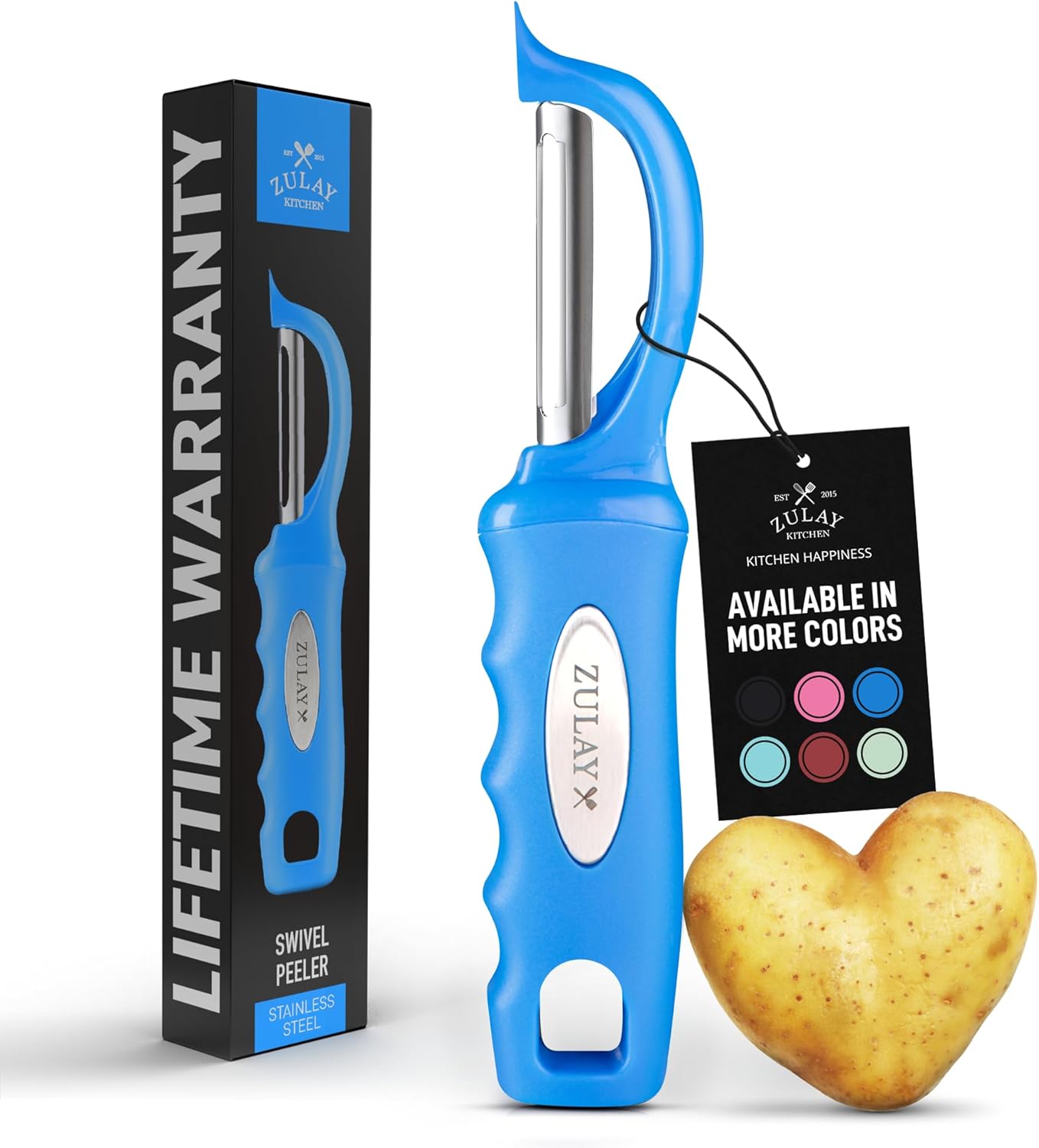 Zulay Kitchen Premium Vegetable Peeler for Kitchen - Swivel Peeler with Razor Sharp Stainless Steel Blades & Strong Ergonomic Handle - Dishwasher Safe, Easy To Use with Blemish Remover - Blue