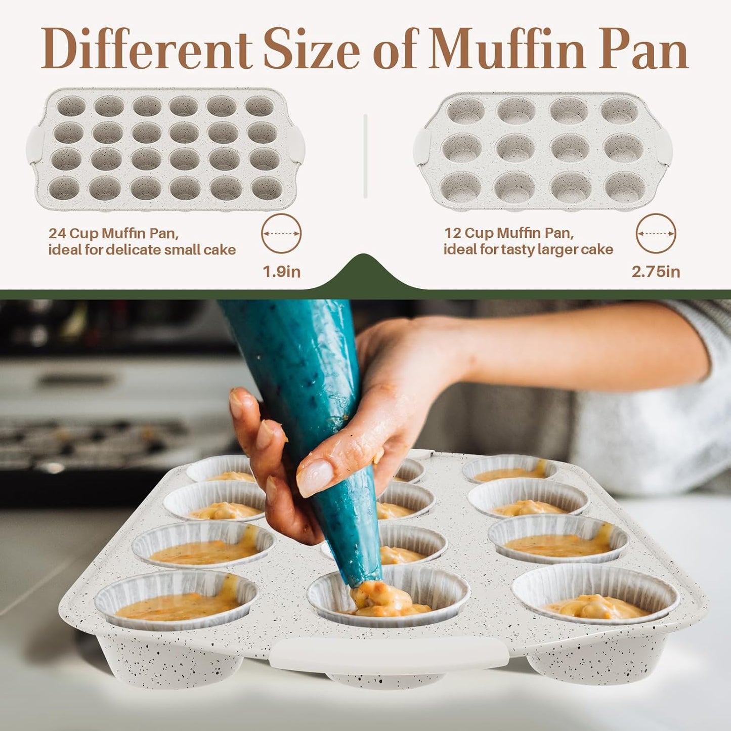 10-Piece Kitchen Nonstick Stackable Bakeware Set, Non Toxic Bakeware Sets with Silicone Handles, Includes Cookie Sheets, Cake Pan, Loaf Pan, Pizza Pan, Muffin Pan, White